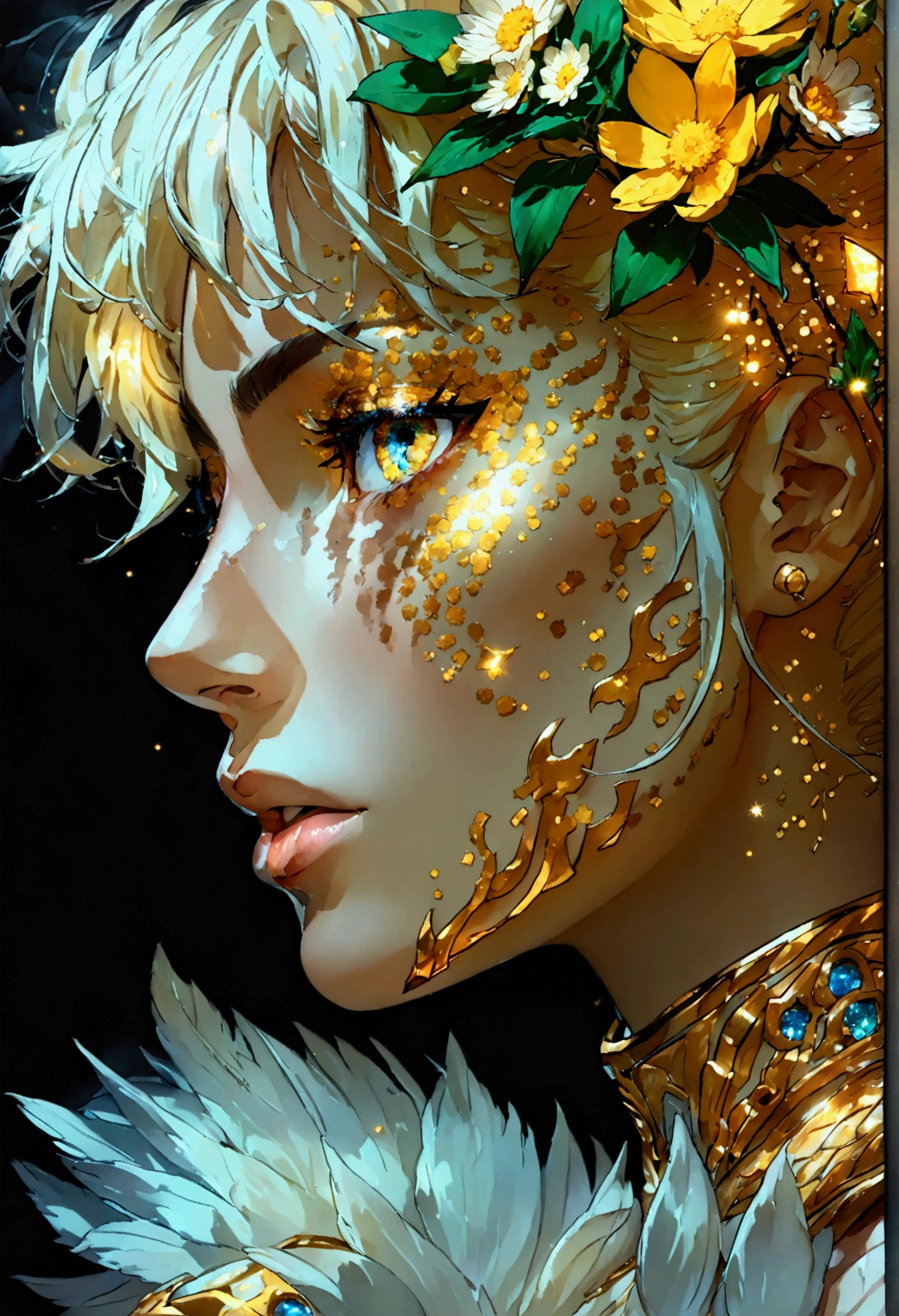 PORTRAIT, only face portrait, macro, a LATINO battle angel portrait, beautiful white skin with sparkles and glitter, short golden hair with green and yellow flowers on hair, shiny and lightening eyes, cosmos eyes, next to a swan, highly detailed fur (vectorized) , detailed skin, image is compelling with dynamic composition and energetic posing. Include many fantasy details such as bumps, phantasmal iridescence, glitter, galaxy, cosmos, ((dark celestialskin body, void cosmic body)), (((dark background))), (((lights off))), (((hollywood dark))), horror, dramatic shadows, (in a dark fantasy space:1.3, glitter, sparkle, gleam) vector digital illustration, (black background:1.5)sharp
