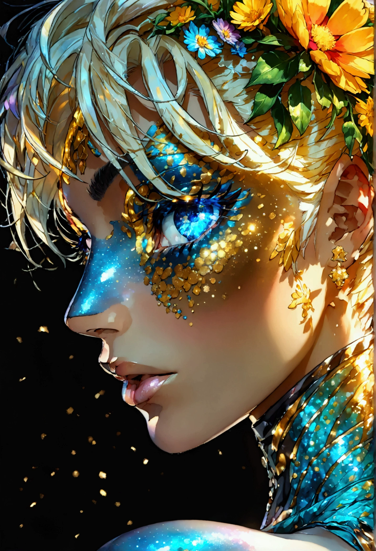 PORTRAIT, only face portrait, macro, a LATINO battle angel portrait, beautiful white skin with sparkles and glitter, short golden hair with green and yellow flowers on hair, shiny and lightening eyes, cosmos eyes, next to a swan, highly detailed fur (vectorized) , detailed skin, image is compelling with dynamic composition and energetic posing. Include many fantasy details such as bumps, phantasmal iridescence, glitter, galaxy, cosmos, ((dark celestialskin body, void cosmic body)), (((dark background))), (((lights off))), (((hollywood dark))), horror, dramatic shadows, (in a dark fantasy space:1.3, glitter, sparkle, gleam) vector digital illustration, (black background:1.5)sharp
