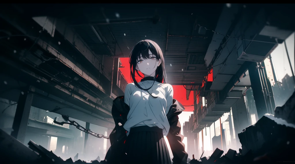 (Obra maestra, La mejor calidad, ultrahigh resolution), 1girl, standing on top of building rubble, ((from below)) , , white office shirt, black pleated skirt, (((black hair, dark black hair))), long hair cut, pale skin, ((brown eyes)), glowing_eyes, neon eyes, (ultra detailed eyes:0.7, beautiful and detailed face, detailed eyes:0.9), ((centered)), smile, ((wide shot)), facing viewer, eye level, ((vibrant background, snowy landscape, destroyed cityscape, snowing, snow)), flat chested, looking at viewer, ((half closed eyes)), ((perfect hands)), (((head:1, arms, hips, elbows, in view))), ((hands behind back)), empty eyes, beautiful lighting, outside, outdoors, background, defined subject, 25 years old, (head tilt), (((EPIC))), (((chainsawman anime poster)))