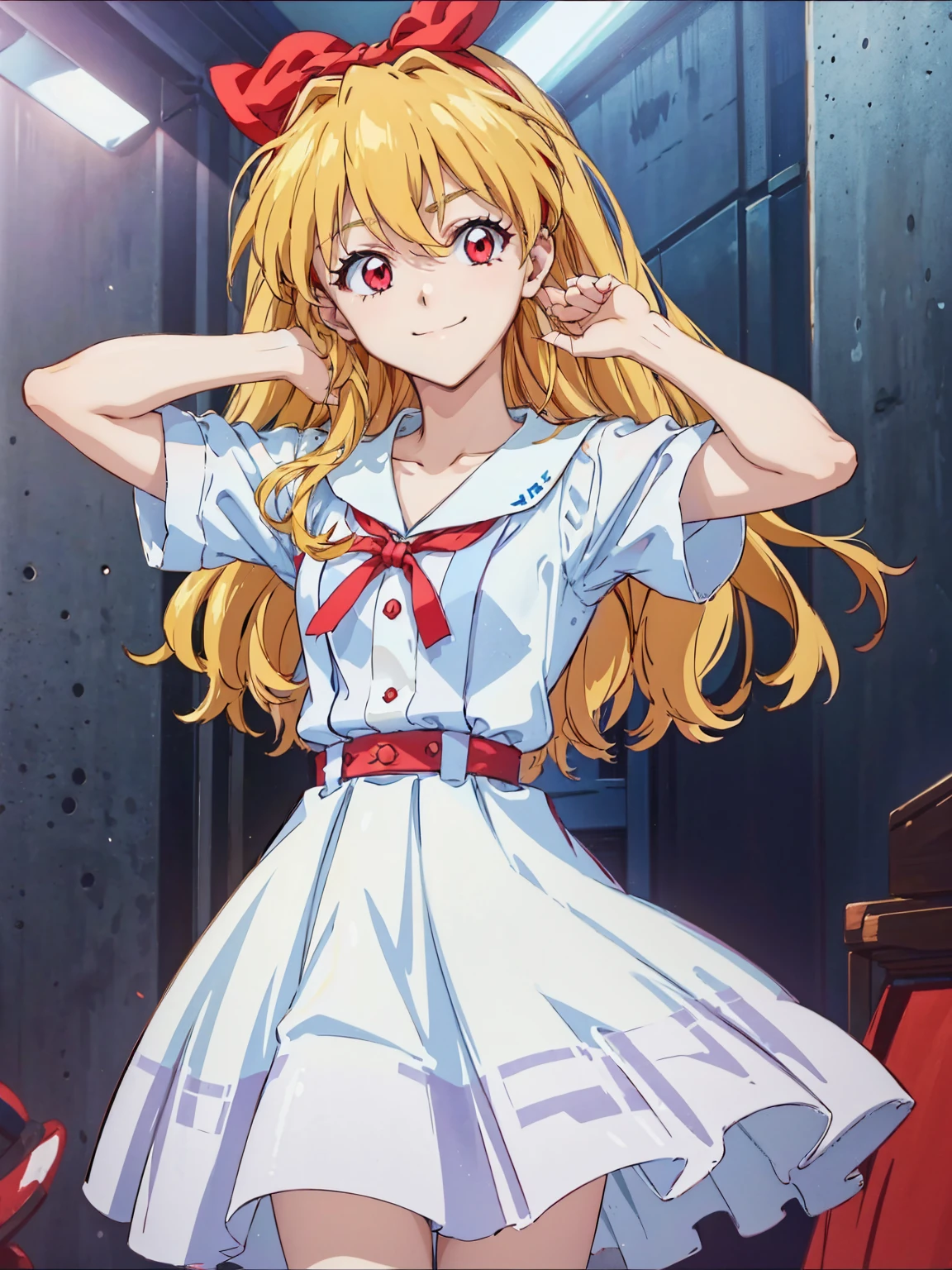 (red ribbon on hairband:1.2),(8K, best quality, muste piece:1.2)、ultra high resolution,1 very cute girl,hosimiya ichigo,ultra-detailed face, detailed eyes,RED eyes,,White sailor collar plain short sleeve shirt,light blue skirt,Light blue suspenders,uniform_red ribbon,Blonde Hair,long hair、detailed hand fingers,hand in own hair,smirk,,classroom