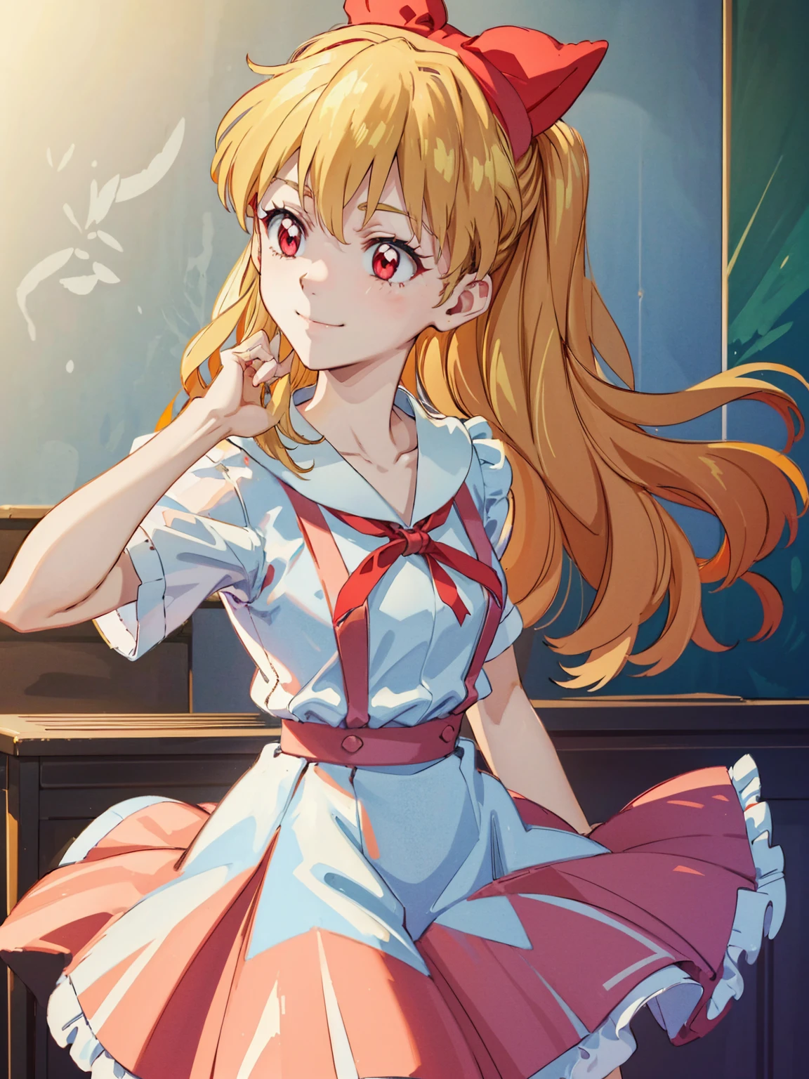 (red ribbon on hairband:1.2),(8K, best quality, muste piece:1.2)、ultra high resolution,1 very cute girl,hosimiya ichigo,ultra-detailed face, detailed eyes,RED eyes,,White sailor collar plain short sleeve shirt,light blue skirt,Light blue suspenders,uniform_red ribbon,Blonde Hair,long hair、detailed hand fingers,hand in own hair,smirk,,classroom