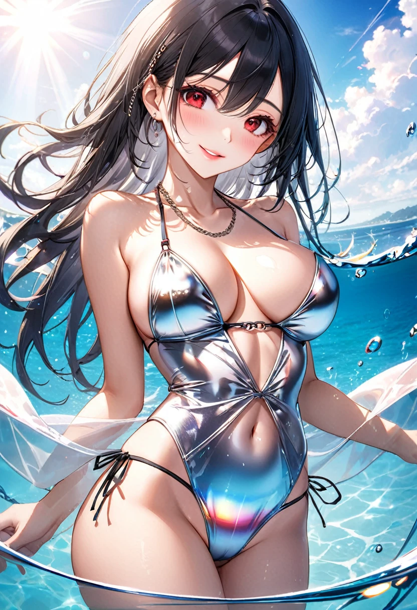 (pov sexy swimsuit style) (beautiful body), (solo:2, 18 yo, straight black hair very long hair cool sadist girl, sexy red eyes, glossy lip, love smile, big tits), (in a elegant Silver Chain bikini swimsuit), break, in the sunshine Swimsuit contest venue, background beautiful ocean, Double Exposure beautiful rays, BREAK, perfect anatomy, masterpiece, best quality, 16k, beautiful detailed water, sexy, daydreaming expression.