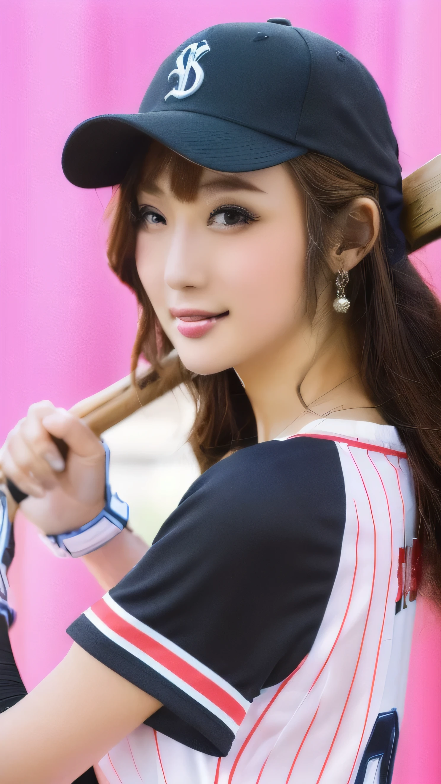 ((best quality)), ((masterpiece)), (detailed), 1girl, sexly, Professional Lighting。sexlyな若い女性、Ready to hit the ball at a batting cage。Wear a helmet。A beautiful swing like a professional baseball player。Wearing a vertical striped baseball uniform。19 years old、Fair skin、Black Hair、,((Highest quality)), ((masterpiece)), (detailed), One girl, sexly、Fair skin、Height: 173ｃｍ、Long limbs、Healthy sex appeal、Generous smile