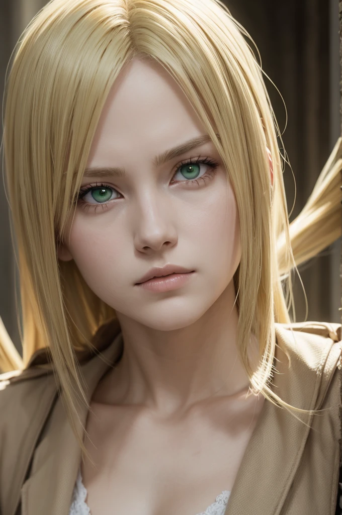 **Oc from Attack on Titan, blonde, green eyes, good lighting, neutral expression**