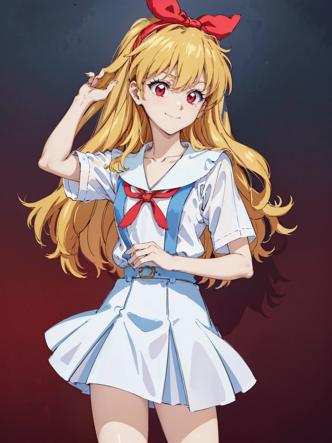 (red ribbon on hairband:1.2),（8K, best quality, muste piece:1.2)、ultra high resolution,1 very cute girl,hosimiya ichigo,ultra-detailed face, detailed eyes,RED eyes,,White sailor collar plain short sleeve shirt,light blue skirt,Light blue suspenders,uniform_red ribbon,Blonde Hair,long hair、detailed hand fingers,hand in own hair,smirk,,classroom