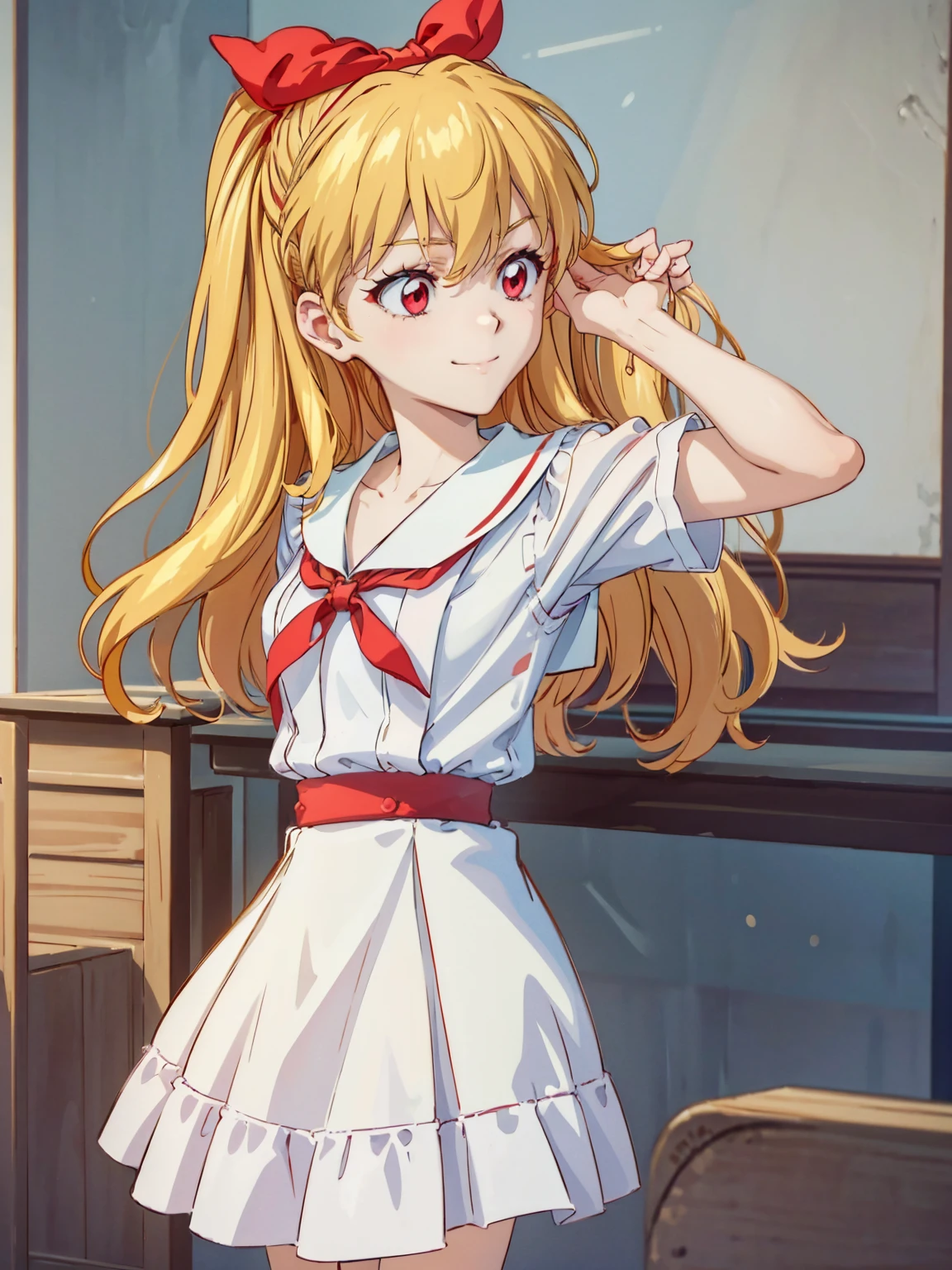 (red ribbon on hairband:1.2),(8K, best quality, muste piece:1.2)、ultra high resolution,1 very cute girl,hosimiya ichigo,ultra-detailed face, detailed eyes,RED eyes,,White sailor collar plain short sleeve shirt,light blue skirt,Light blue suspenders,uniform_red ribbon,Blonde Hair,long hair、detailed hand fingers,hand in own hair,smirk,,classroom