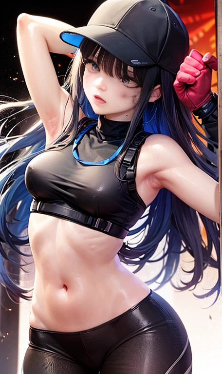 The girl is beaten with sticks, crying, tears, (masterpiece, Best quality:1.2), solo, 1 girl, Saori \(blue archive\), mouth mask, looking away, long hair, black hair, baseball cap, halo, Blue eyes, Revealing clothing, off the shoulder, coat, crop-top, chest harness, black trousers, leggings, Sub, wet, ((press)), ((press punching)), ((Ryona)), ((Bruises)), ((cum on clothes:1.1)), ((painшая грудь)), ((boxing)), frightened, someone hand punching, connected, ((torture)), ((getting beat up)), (humiliation), deformity of the stomach, ((Violence)), pain, shibari, ((punching)), (((bdsm))), Femsub