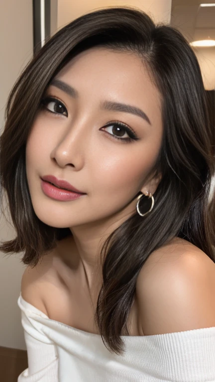 Beautiful Japanese actresses,1 girl,flying debris,,Award-winning photo, Very detailed, Focus your eyes, Nose and mouth,Face Focus, Extreme close up of face、 Age 35,Black Hair、Symmetrical face,Realistic nostrils、Angle from below、Elongated C-shaped nostrils NSFW,(Sharp Nose)Sweaty skin、Glowing Skin,(Brow wrinkles))(Cum on tongue)、Deep Kiss、((Thin eyebrows))Oily skin、Glowing Skin、double eyelid、、Beautiful woman、Medium Hair,Eyes Wide Open、Shortcuts、Summer cityscape、Off the shoulder、Suka can see the sky、Shibuya Center Street