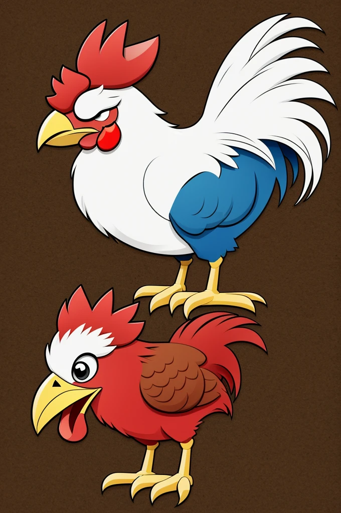 Create a rooster, cartoon style and with crooked eyes, as if he were sick, having several parts of the body without feathers and red
