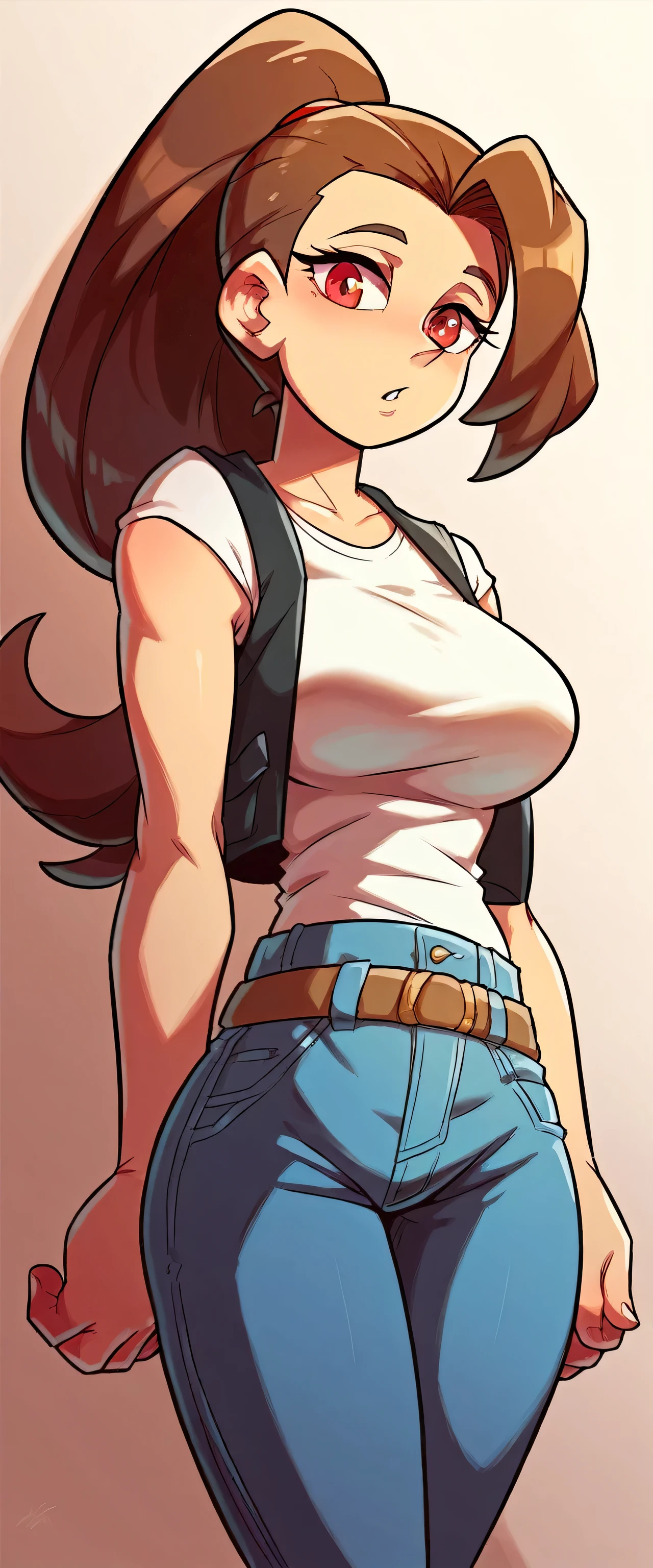 A tall girl, sexy, big breast, beautiful, cute, long brown hair, ponytail, red eye, she wears a white shirt under a short sleeveless black vest and blue jeans, a brown belt, a black heel.