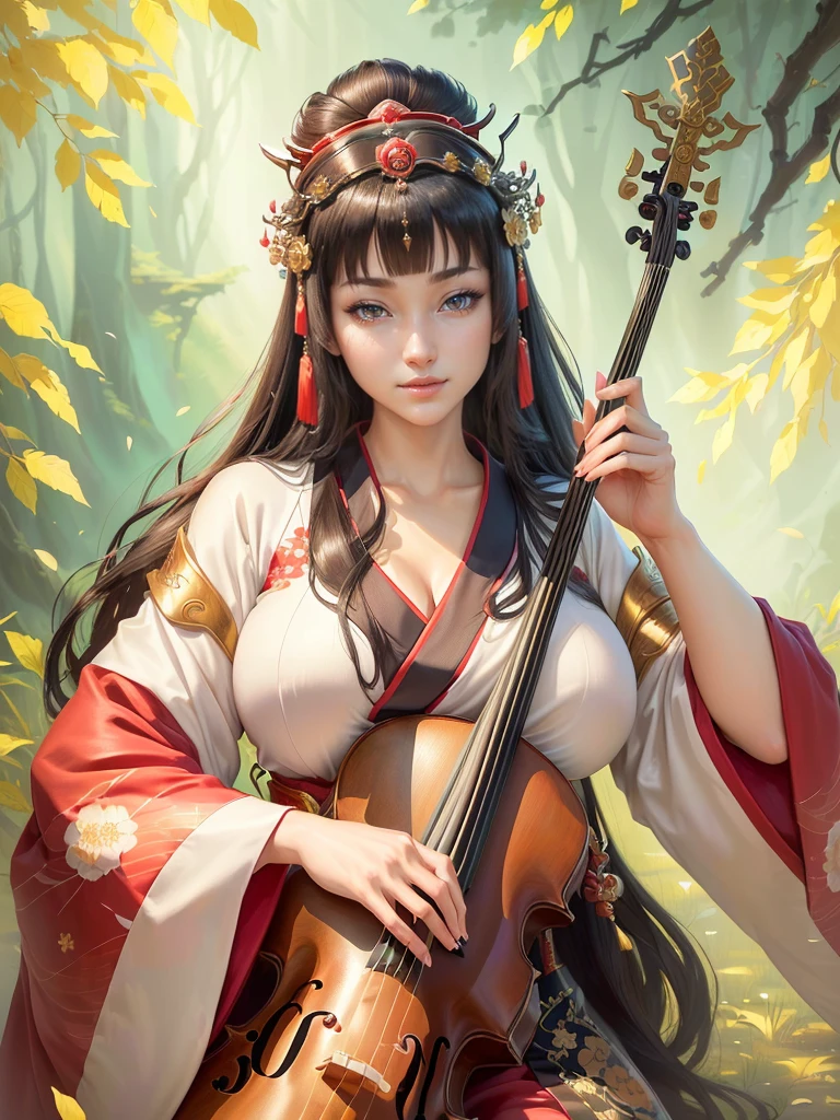 (a woman in a kimono outfit playing a cello), a beautiful fantasy empress, japanese goddess, ancient chinese goddess, ancient chinese princess, inspired by Lan Ying, ((a beautiful fantasy empress)), beautiful character painting, inspired by Du Qiong, inspired by Qiu Ying, inspired by Ju Lian, onmyoji portrait, she is holding a long staff, , Highly detailed CG unit 8k wallpaper, masterpiece, High resolution, highest quality, highest quality real texture skin, Super Real, Digital Painting, Best image quality, 最High resolution, 8k, (((Highly detailed eyes and face, Beautiful eyes every detail))), disproportionate breasts, huge breasts, sagging breasts, gigantic breasts, clevage, black hair, smile,