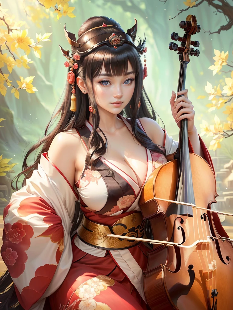 a woman in a kimono outfit playing a cello, a beautiful fantasy empress, japanese goddess, ancient chinese goddess, ancient chinese princess, inspired by Lan Ying, ((a beautiful fantasy empress)), beautiful character painting, inspired by Du Qiong, inspired by Qiu Ying, inspired by Ju Lian, onmyoji portrait, she is holding a long staff, , Highly detailed CG unit 8k wallpaper, masterpiece, High resolution, highest quality, highest quality real texture skin, Super Real, Digital Painting, Best image quality, 最High resolution, 8k, (((Highly detailed eyes and face, Beautiful eyes every detail))), disproportionate breasts, huge breasts, sagging breasts, gigantic breasts, clevage, black hair, smile,