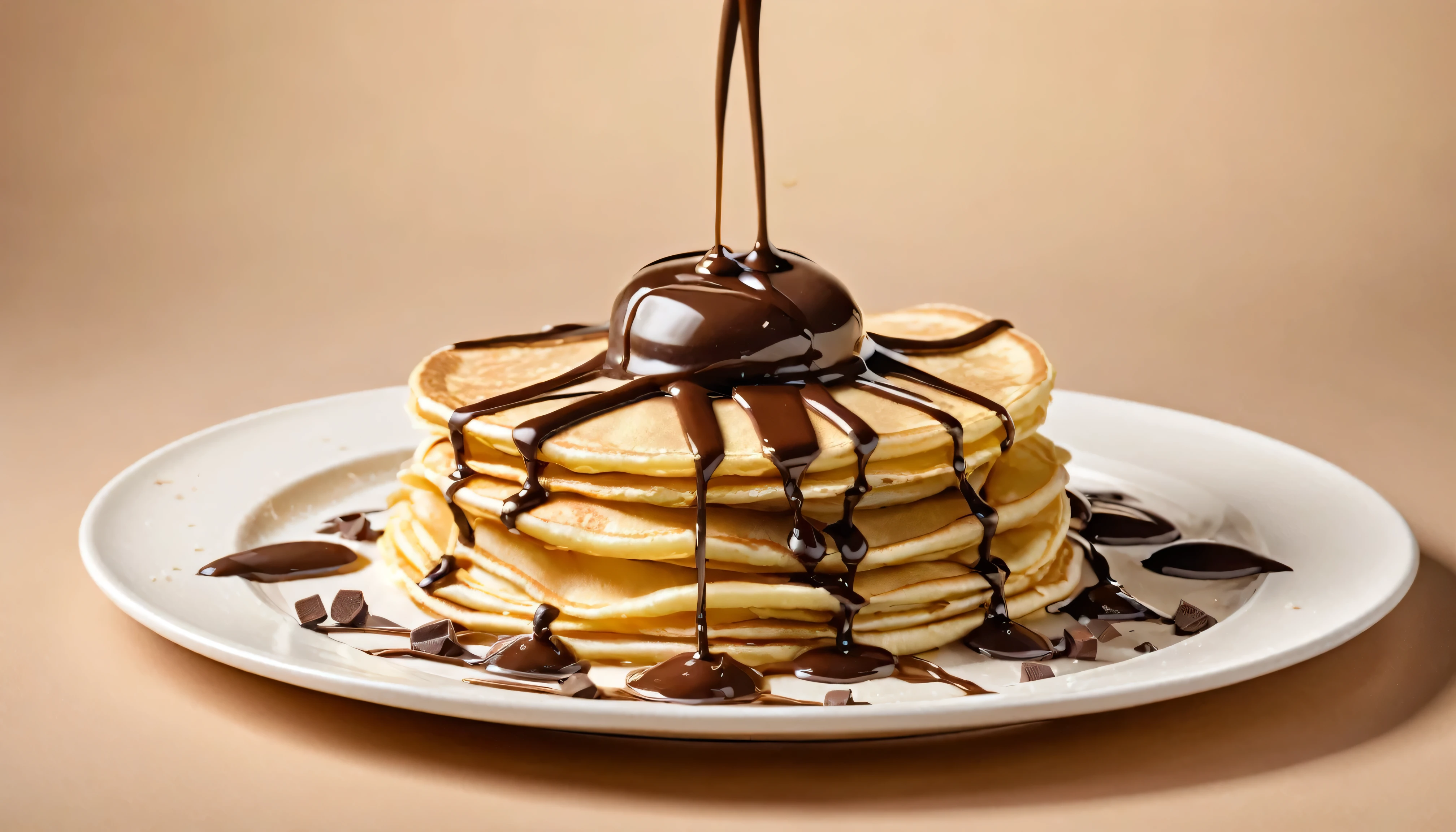 a picture of crepes on a plate, chocolate and cream splashing in the elegant cream color background like in a commercial, everything in focus
