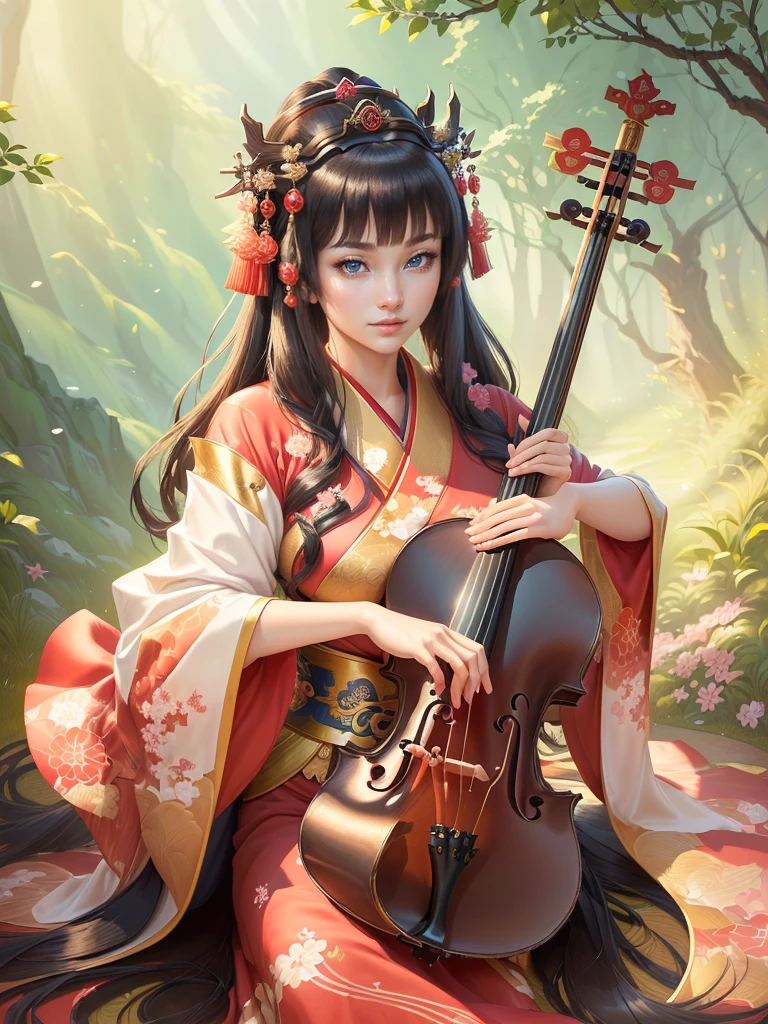 (a woman in a kimono outfit playing a cello), a beautiful fantasy empress, japanese goddess, ancient chinese goddess, ancient chinese princess, inspired by Lan Ying, ((a beautiful fantasy empress)), beautiful character painting, inspired by Du Qiong, inspired by Qiu Ying, inspired by Ju Lian, onmyoji portrait, she is holding a long staff, , Highly detailed CG unit 8k wallpaper, masterpiece, High resolution, highest quality, highest quality real texture skin, Super Real, Digital Painting, Best image quality, 最High resolution, 8k, (((Highly detailed eyes and face, Beautiful eyes every detail))), disproportionate breasts, huge breasts, sagging breasts, gigantic breasts, clevage, black hair, smile, 