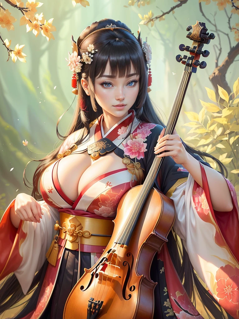 (a woman in a kimono outfit playing a cello), a beautiful fantasy empress, japanese goddess, ancient chinese goddess, ancient chinese princess, inspired by Lan Ying, ((a beautiful fantasy empress)), beautiful character painting, inspired by Du Qiong, inspired by Qiu Ying, inspired by Ju Lian, onmyoji portrait, she is holding a long staff, , Highly detailed CG unit 8k wallpaper, masterpiece, High resolution, highest quality, highest quality real texture skin, Super Real, Digital Painting, Best image quality, 最High resolution, 8k, (((Highly detailed eyes and face, Beautiful eyes every detail))), disproportionate breasts, huge breasts, sagging breasts, gigantic breasts, clevage, black hair, smile, 