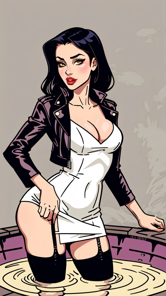 vector, Masterpiece, line art, simple image, (mature) (depraved) (slutty) drowns in the middle of the bog,short sexy elegant satin dress,Stockings,leather jacket, muted colors, abstract background, horny, posing, floral texture, sinking