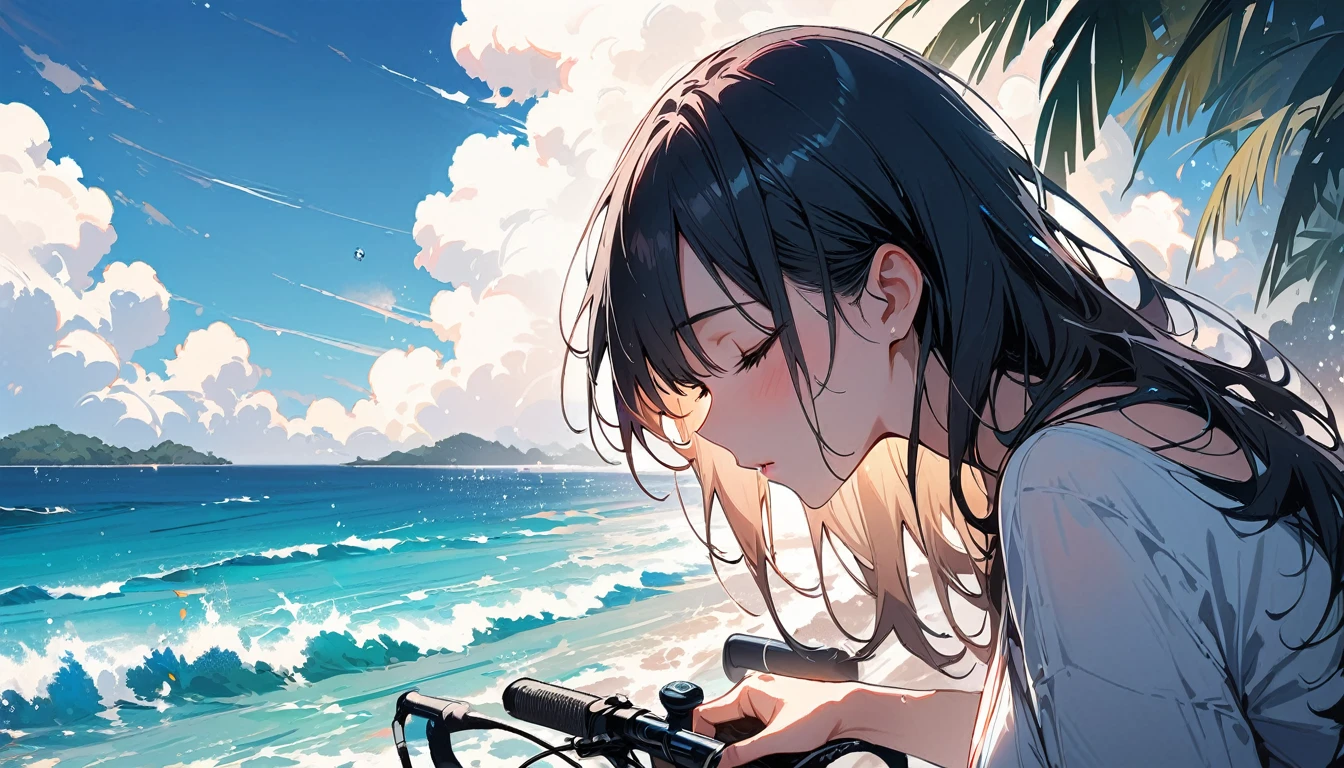 (masterpiece, Highest quality:1.2), 1 girl, alone,Open your eyes,Tropical atmosphere,Ocean,There is a bicycle nearby