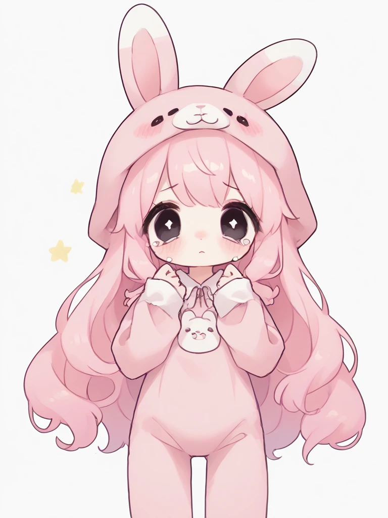 score_9, score_8_up, score_7_up, score_6_up, score_5_up, score_4_up, source_anime, rating_safe,

1girl, stars, white background, cowboy shot, looking at viewer,long messy pink hair,blush,big black eyes,teary eyes,bunny onesie,bunny onesie,long pink messg hair 