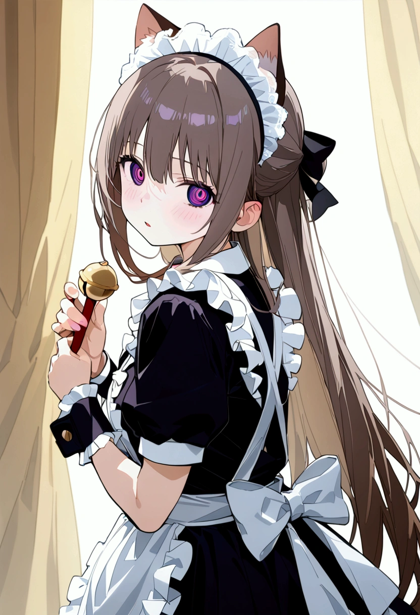 1girl,solo,animal ears,purple eyes,long hair,short sleeves,wrist cuffs,dress,cat ears,apron,bell,bow,maid,blush,bangs,hair between eyes,looking at viewer,white apron,black dress,frills,maid headdress,parted lips,jingle bell,puffy sleeves,hair bell,puffy short sleeves,very long hair,holding,frilled apron,brown hair,black bow,hair ornament,hair bow,curtains,grey hair,looking back,frilled dress,white bow,, (masterpiece),(highest quality),highres,(an extremely delicate and beautiful),(extremely detailed),Amazing,finely detail