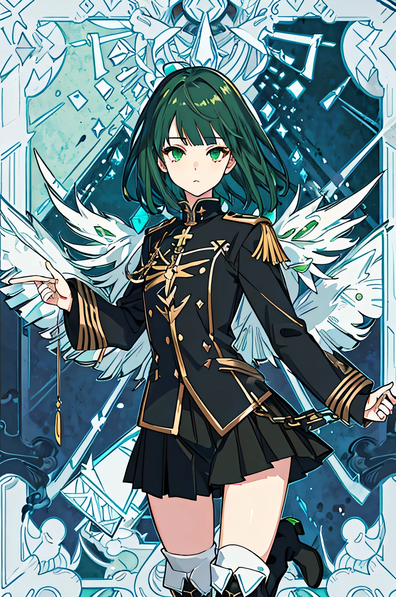 [(with a cathedral background:1.4)::5],original,(shape:1.1),(highest quality),(Tabletop:1.1),(Highly detailed CG Unity 8k wallpaper:1.1), (colorful:0.9),(Mid Shot:0.95),(very detailed beautiful whole body),Dynamic Angle,(alone:1.2), (girl),(((Adult))), (Beautiful eyes in every detail:1.15), (Beautiful Face:1.15), (Glowing green eyes:1.25////),(Gemstone Eyes),(Green Short Hair),(Blunt bangs),((The girl wear a black knight uniform)),Realistic,, girl,Green Hair,((Black long boots)), Black mini skirt,Black knee socks(rage),(Contempt and contempt),rage,(beautiful slender girl),((Adult)),((upper body)),Valkyrie, Decorations,((Thin legs)),((slender girl)),Front Angle,Front Angle,
