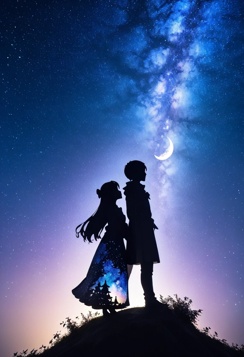  mate piece, silhouette, Milky Way, Orihime's, close-up, profile, monotony, moon, double exposure, Milky Way, Tanabata decoration, depth of field, (holographic glow effect), from below, low angle shot, masterpiece,