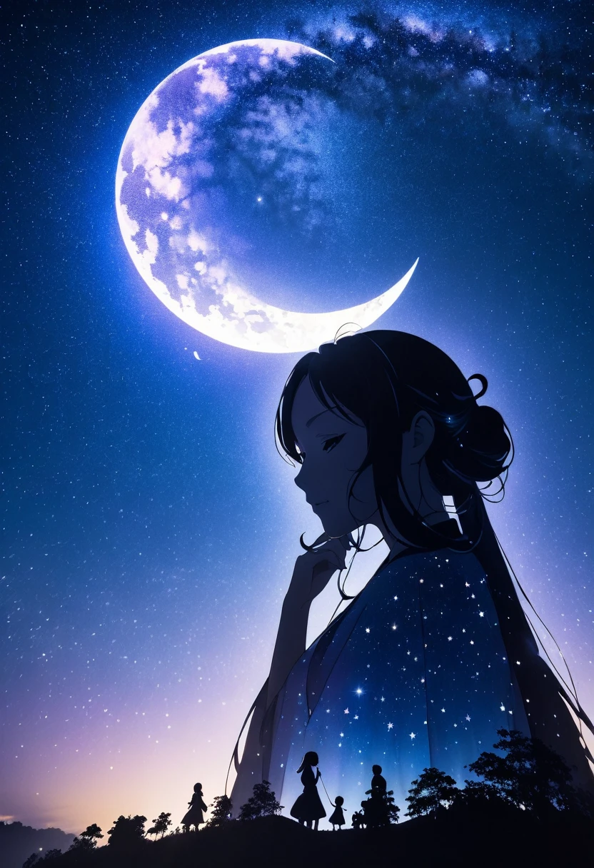  mate piece, silhouette, Milky Way, Orihime's, close-up, profile, monotony, moon, double exposure, Milky Way, Tanabata decoration, depth of field, (holographic glow effect), from below, low angle shot, masterpiece,