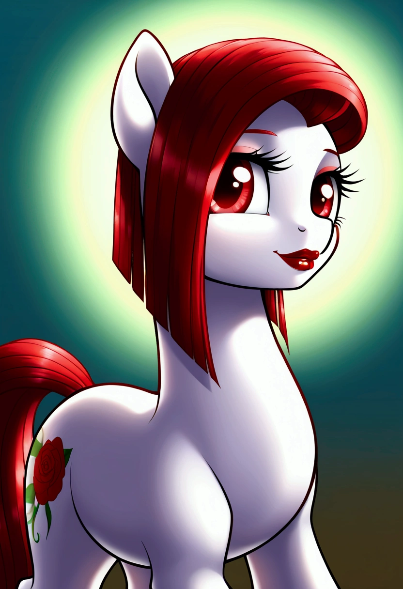(My little pony), long red hair, modest cut, white body, red eyes, red lips, perfect lines, beautiful quality
