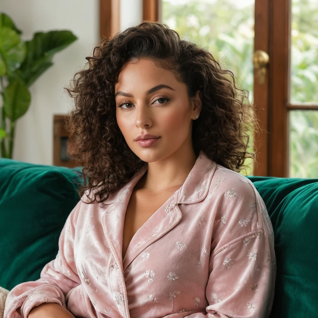 beautiful brazilian, (((round face shape with soft features, prominent cheekbones, delicate jaw, slightly rounded chin, medium forehead with natural, wavy hairline))), (((black hair color, ((小柄)) ((curlies)) with volume))), natural, full eyebrows. (((relaxed pose, lying on her side on an emerald green velvet sofa, with a woolen blanket over his shoulders, an open book in your hands and a calm, serene look))). (((medium shot, showing the character from the waist up, living room background with neutral walls and comfortable furniture such as a light wooden coffee table and a bookshelf with plants and books))). highy detailed, age 25, (((large, expressive eyes in dark brown color and tone))). (((Long nose at base, gently curved bridge, rounded nostrils in harmony with the face))). plump, well-defined lips, with volume natural, dark pink tone. high resolution, work of art. Pele realista Fitzpatrick V, with a natural golden tan, some soft freckles on the cheeks and nose. curvy and athletic body, typical of Brazilian women. ((Wearing a comfortable and stylish pajama set, with baggy pants and a soft cotton blouse)). Excellent quality, extremely detaild, sharp focus, ((shooting with Nikon Z7 II, lente NIKKOR Z 50mm f/1.8 S)), Proportionate Body, fotorrealism, fot (film grain) (((soft natural lighting, coming from a large window, criando um ambiente acolhedor e relaxante))) Em primeiro plano