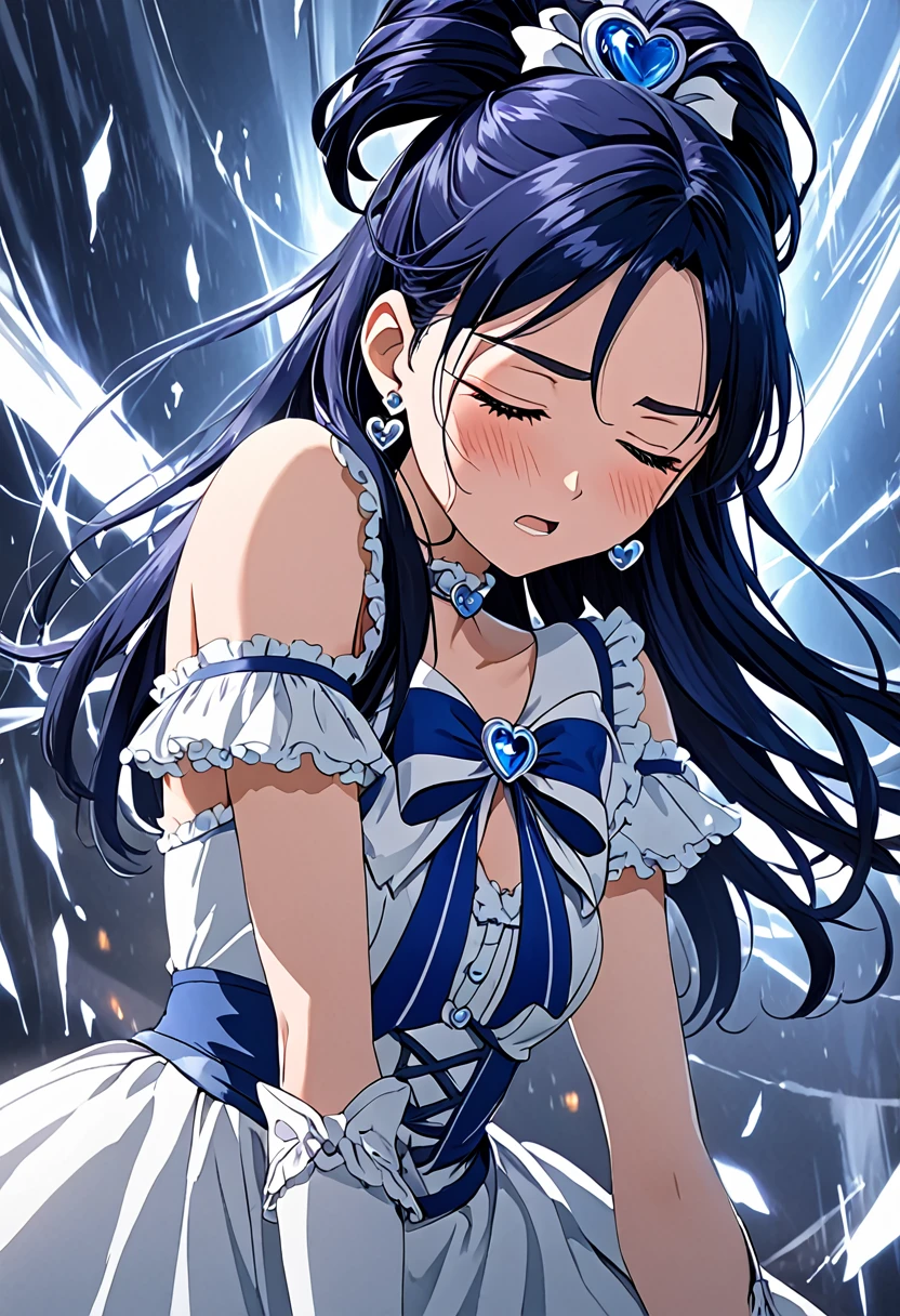 (She is suffering from being bitten on the arm by a man:1.5)、Cure White,hair ribbon,Chest ribbon,big ribbon, mini skirt, white choker, thigh straps, elbow gloves, heart brooch,Heart Earrings,detailed hair and outfit, long flowing dark blue hair, white and blue frilly dress, white gloves and boots, blushing, feeling pain, suffering from arm being bitten by enemy, dynamic and intense scene, background with sound waves, eyes closed, masterpiece, best quality, highly detailed background, perfect lighting, (beautiful, best quality: 1.1), masterpiece, perfect eyes, (beautiful), (erotic: 1.2)