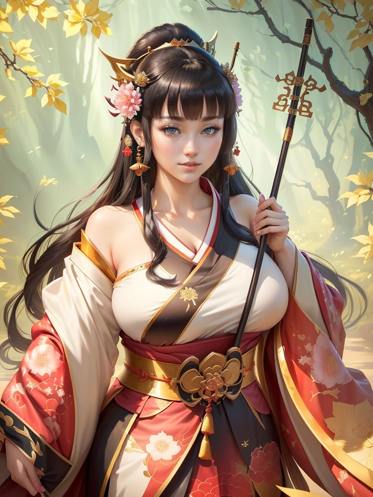 a woman in a kimono outfit playing a cello, a beautiful fantasy empress, japanese goddess, ancient chinese goddess, ancient chinese princess, inspired by Lan Ying, a beautiful fantasy empress, beautiful character painting, inspired by Du Qiong, inspired by Qiu Ying, inspired by Ju Lian, onmyoji portrait, she is holding a long staff, , Highly detailed CG unit 8k wallpaper, masterpiece, High resolution, highest quality, highest quality real texture skin, Super Real, Digital Painting, Best image quality, 最High resolution, 8k, (((Highly detailed eyes and face, Beautiful eyes every detail))), disproportionate breasts, huge breasts, sagging breasts, gigantic breasts, clevage, black hair, smile,