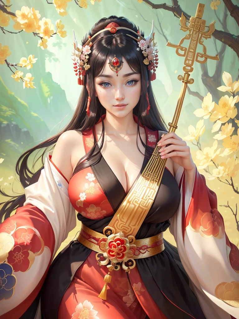 a woman in a kimono outfit playing a cello, a beautiful fantasy empress, japanese goddess, ancient chinese goddess, ancient chinese princess, inspired by Lan Ying, a beautiful fantasy empress, beautiful character painting, inspired by Du Qiong, inspired by Qiu Ying, inspired by Ju Lian, onmyoji portrait, she is holding a long staff, , Highly detailed CG unit 8k wallpaper, masterpiece, High resolution, highest quality, highest quality real texture skin, Super Real, Digital Painting, Best image quality, 最High resolution, 8k, (((Highly detailed eyes and face, Beautiful eyes every detail))), disproportionate breasts, huge breasts, sagging breasts, gigantic breasts, clevage, black hair, smile,