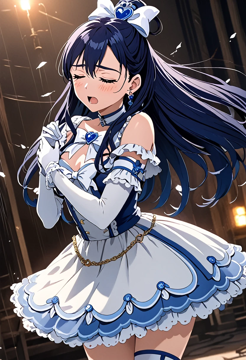 (She is suffering from being bitten on the arm by a man:1.5)、Cure White,hair ribbon,Chest ribbon,big ribbon, mini skirt, white choker, thigh straps, elbow gloves, heart brooch,Heart Earrings,detailed hair and outfit, long flowing dark blue hair, white and blue frilly dress, white gloves and boots, blushing, feeling pain, suffering from arm being bitten by enemy, dynamic and intense scene, background with sound waves, eyes closed, masterpiece, best quality, highly detailed background, perfect lighting, (beautiful, best quality: 1.1), masterpiece, perfect eyes, (beautiful), (erotic: 1.2)