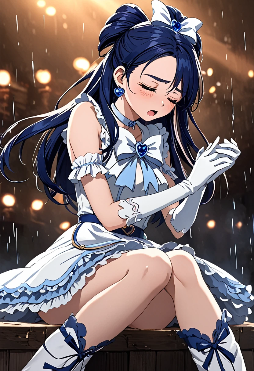 (She is suffering from being bitten on the arm by a man:1.5)、Cure White,hair ribbon,Chest ribbon,big ribbon, mini skirt, white choker, thigh straps, elbow gloves, heart brooch,Heart Earrings,detailed hair and outfit, long flowing dark blue hair, white and blue frilly dress, white gloves and boots, blushing, feeling pain, suffering from arm being bitten by enemy, dynamic and intense scene, background with sound waves, eyes closed, masterpiece, best quality, highly detailed background, perfect lighting, (beautiful, best quality: 1.1), masterpiece, perfect eyes, (beautiful), (erotic: 1.2)