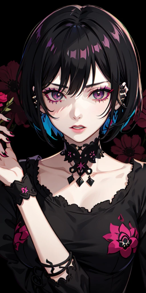 style by NTY, a woman, short black hair, punk, infected face, flowers, gothic, colorful background, cluttered,