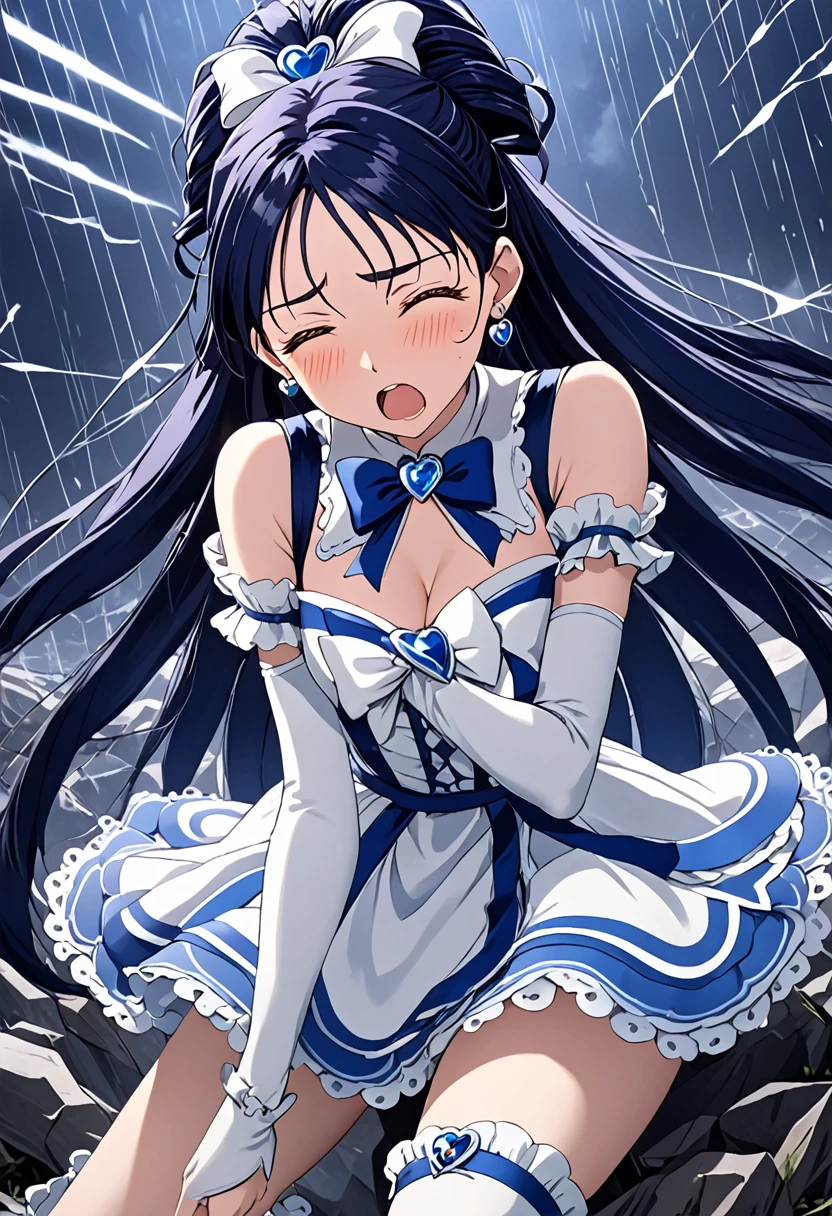 (She is suffering from being bitten on the arm by a man:1.5)、Cure White,hair ribbon,Chest ribbon,big ribbon, mini skirt, white choker, thigh straps, elbow gloves, heart brooch,Heart Earrings,detailed hair and outfit, long flowing dark blue hair, white and blue frilly dress, white gloves and boots, blushing, feeling pain, suffering from arm being bitten by enemy, dynamic and intense scene, background with sound waves, eyes closed, masterpiece, best quality, highly detailed background, perfect lighting, (beautiful, best quality: 1.1), masterpiece, perfect eyes, (beautiful), (erotic: 1.2)