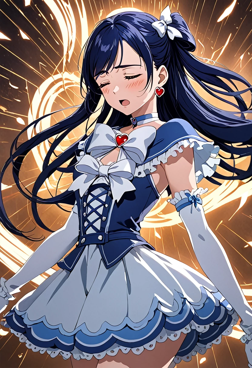 (She is suffering from being bitten on the arm by a man:1.5)、Cure White,hair ribbon,Chest ribbon,big ribbon, mini skirt, white choker, thigh straps, elbow gloves, heart brooch,Heart Earrings,detailed hair and outfit, long flowing dark blue hair, white and blue frilly dress, white gloves and boots, blushing, feeling pain, suffering from arm being bitten by enemy, dynamic and intense scene, background with sound waves, eyes closed, masterpiece, best quality, highly detailed background, perfect lighting, (beautiful, best quality: 1.1), masterpiece, perfect eyes, (beautiful), (erotic: 1.2)