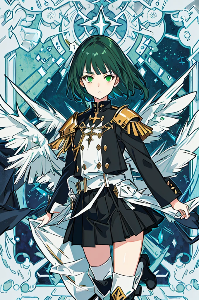 [(with a cathedral background:1.4)::5],original,(shape:1.1),(highest quality),(Tabletop:1.1),(Highly detailed CG Unity 8k wallpaper:1.1), (colorful:0.9),(Mid Shot:0.95),(very detailed beautiful whole body),Dynamic Angle,(alone:1.2), (girl),(((Adult))), (Beautiful eyes in every detail:1.15), (Beautiful Face:1.15), (Glowing green eyes:1.25////),(Gemstone Eyes),(Green Short Hair),(Blunt bangs),((The girl wear a black knight uniform)),Realistic,, girl,Green Hair,((Black long boots)), Black mini skirt,Black knee socks(rage),(Contempt and contempt),rage,(beautiful slender girl),((Adult)),((upper body)),Valkyrie, Decorations,((Thin legs)),((slender girl)),Front Angle,Front Angle,