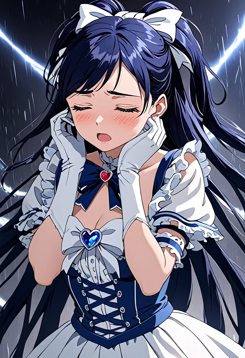 (She is suffering from being bitten on the arm by a man:1.5)、Cure White,hair ribbon,Chest ribbon,big ribbon, mini skirt, white choker, thigh straps, elbow gloves, heart brooch,Heart Earrings,detailed hair and outfit, long flowing dark blue hair, white and blue frilly dress, white gloves and boots, blushing, feeling pain, suffering from arm being bitten by enemy, dynamic and intense scene, background with sound waves, eyes closed, masterpiece, best quality, highly detailed background, perfect lighting, (beautiful, best quality: 1.1), masterpiece, perfect eyes, (beautiful), (erotic: 1.2)