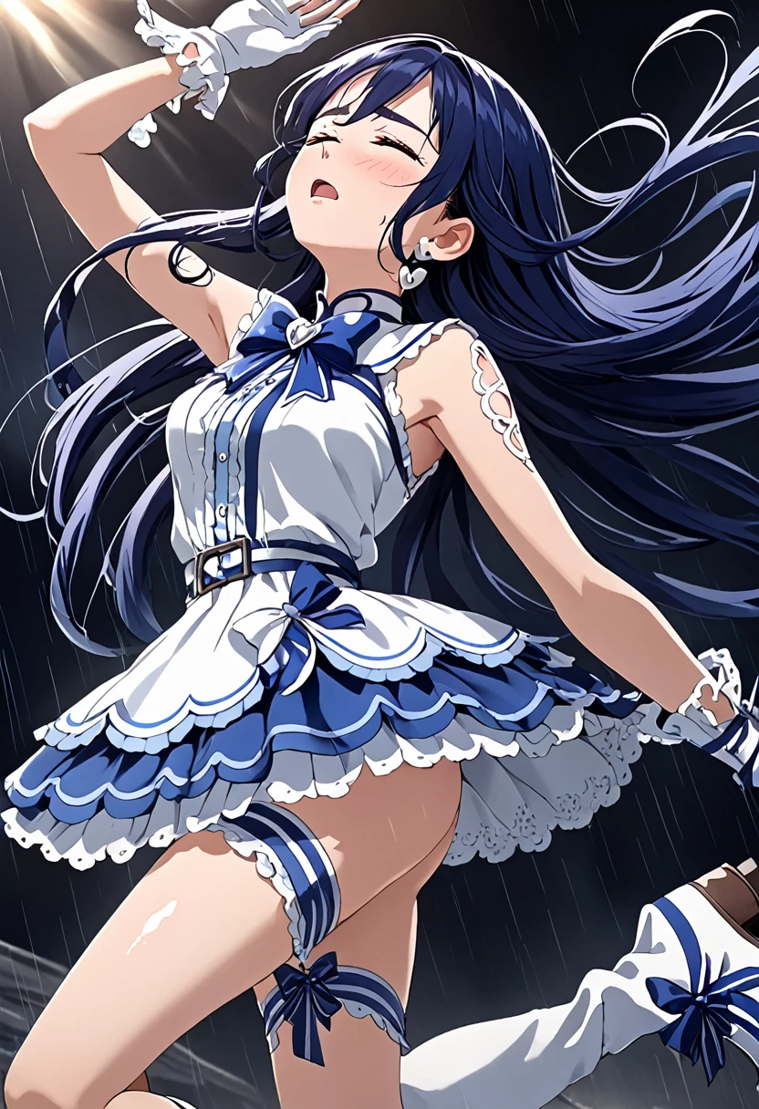 (She is suffering from being bitten on the arm by a man:1.5)、Cure White,hair ribbon,Chest ribbon,big ribbon, mini skirt, white choker, thigh straps, elbow gloves, heart brooch,Heart Earrings,detailed hair and outfit, long flowing dark blue hair, white and blue frilly dress, white gloves and boots, blushing, feeling pain, suffering from arm being bitten by enemy, dynamic and intense scene, background with sound waves, eyes closed, masterpiece, best quality, highly detailed background, perfect lighting, (beautiful, best quality: 1.1), masterpiece, perfect eyes, (beautiful), (erotic: 1.2)