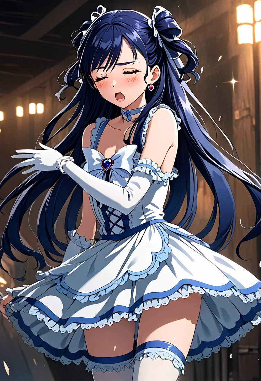 (She is suffering from being bitten on the arm by a man:1.5)、Cure White,hair ribbon,Chest ribbon,big ribbon, mini skirt, white choker, thigh straps, elbow gloves, heart brooch,Heart Earrings,detailed hair and outfit, long flowing dark blue hair, white and blue frilly dress, white gloves and boots, blushing, feeling pain, suffering from arm being bitten by enemy, dynamic and intense scene, background with sound waves, eyes closed, masterpiece, best quality, highly detailed background, perfect lighting, (beautiful, best quality: 1.1), masterpiece, perfect eyes, (beautiful), (erotic: 1.2)