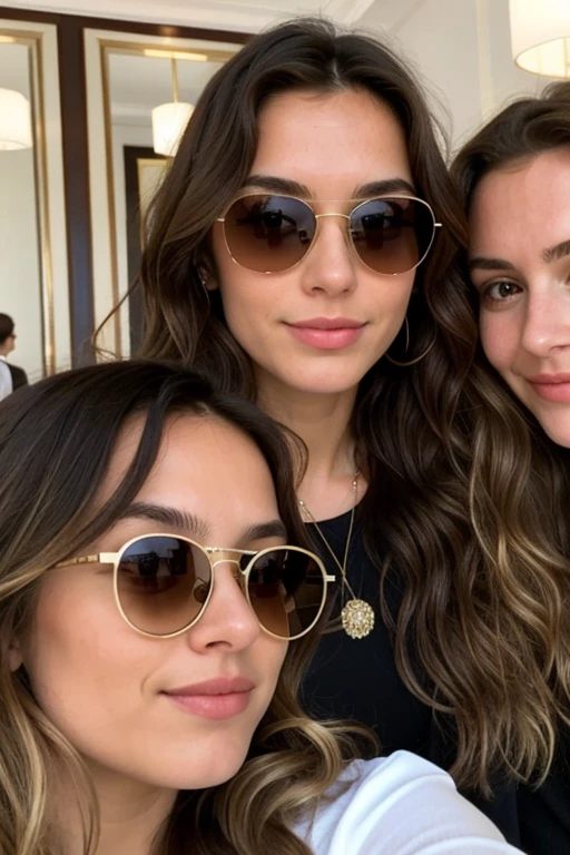 Selfie, Hyperrealistic European brunette woman with curly hair and round face with sunglasses, with a friend hyperrealistic blonde European woman with straight hair, dans un hotel devant un grand mirroir, background of a luxury hotel
