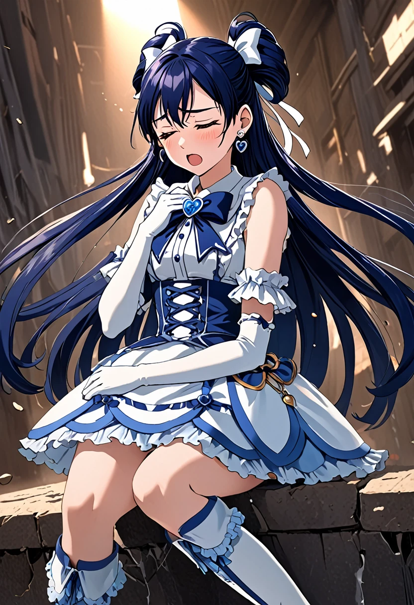 (She is suffering from being bitten on the arm by a man:1.5)、Cure White,hair ribbon,Chest ribbon,big ribbon, mini skirt, white choker, thigh straps, elbow gloves, heart brooch,Heart Earrings,detailed hair and outfit, long flowing dark blue hair, white and blue frilly dress, white gloves and boots, blushing, feeling pain, suffering from arm being bitten by enemy, dynamic and intense scene, background with sound waves, eyes closed, masterpiece, best quality, highly detailed background, perfect lighting, (beautiful, best quality: 1.1), masterpiece, perfect eyes, (beautiful), (erotic: 1.2)