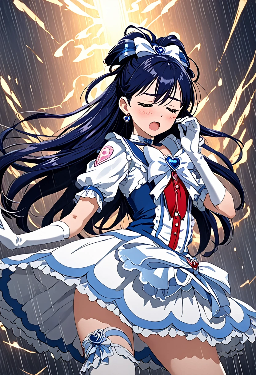 (She is suffering from being bitten on the arm by a man:1.5)、Cure White,hair ribbon,Chest ribbon,big ribbon, mini skirt, white choker, thigh straps, elbow gloves, heart brooch,Heart Earrings,detailed hair and outfit, long flowing dark blue hair, white and blue frilly dress, white gloves and boots, blushing, feeling pain, suffering from arm being bitten by enemy, dynamic and intense scene, background with sound waves, eyes closed, masterpiece, best quality, highly detailed background, perfect lighting, (beautiful, best quality: 1.1), masterpiece, perfect eyes, (beautiful), (erotic: 1.2)