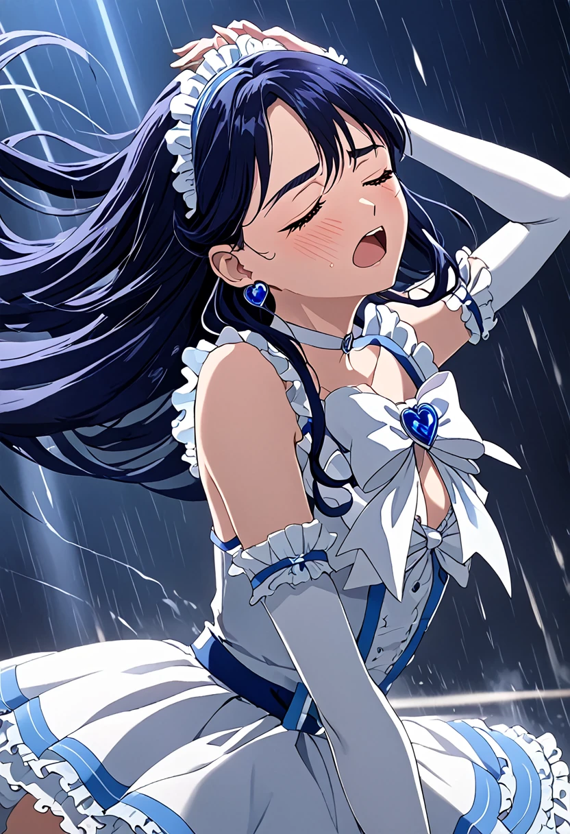 (She is suffering from being bitten on the arm by a man:1.5)、Cure White,hair ribbon,Chest ribbon,big ribbon, mini skirt, white choker, thigh straps, elbow gloves, heart brooch,Heart Earrings,detailed hair and outfit, long flowing dark blue hair, white and blue frilly dress, white gloves and boots, blushing, feeling pain, suffering from arm being bitten by enemy, dynamic and intense scene, background with sound waves, eyes closed, masterpiece, best quality, highly detailed background, perfect lighting, (beautiful, best quality: 1.1), masterpiece, perfect eyes, (beautiful), (erotic: 1.2)