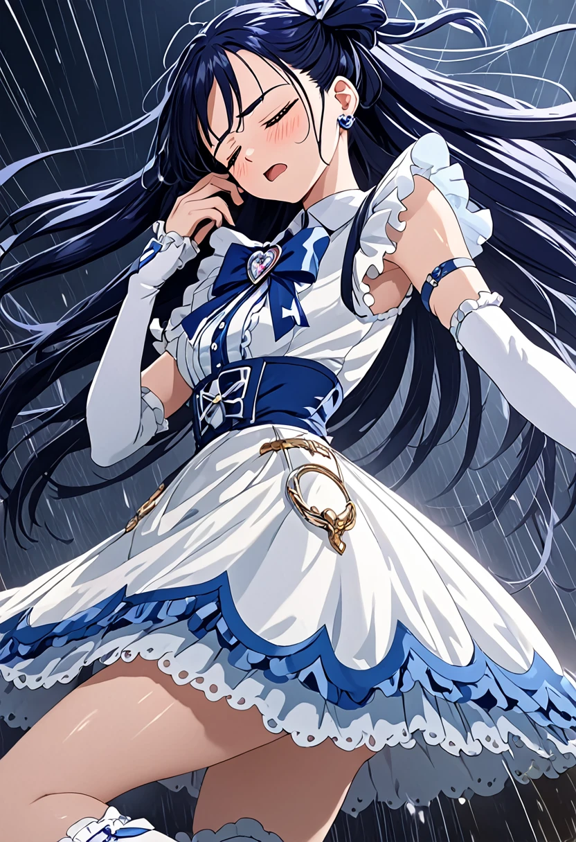 (She is suffering from being bitten on the arm by a man:1.5)、Cure White,hair ribbon,Chest ribbon,big ribbon, mini skirt, white choker, thigh straps, elbow gloves, heart brooch,Heart Earrings,detailed hair and outfit, long flowing dark blue hair, white and blue frilly dress, white gloves and boots, blushing, feeling pain, suffering from arm being bitten by enemy, dynamic and intense scene, background with sound waves, eyes closed, masterpiece, best quality, highly detailed background, perfect lighting, (beautiful, best quality: 1.1), masterpiece, perfect eyes, (beautiful), (erotic: 1.2)