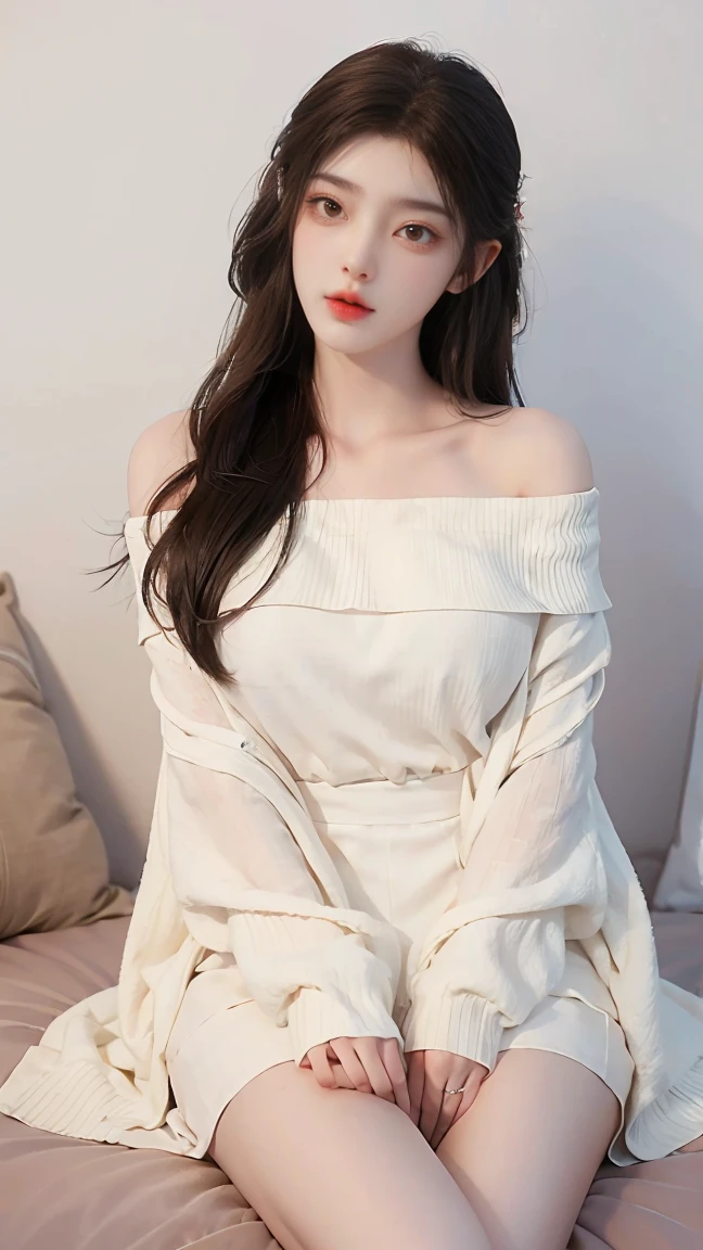 (masterpiece, best quality:1.2), 1girl, solo, ((off shoulder clothes)), In the depths of Wonderland,The moonlight falls like water,foggy room,The figure of the heroine is vaguely visible,Just like the fairy in the painting,Slender sexy legs,Very nice legs,Leaking sexy legs,Big breasts,Beautiful with a hint of mystery。Her face is beautiful and delicate,Like finely carved jade,Showing otherworldly beauty。The eyebrows are picturesque,The waves in my eyes are like twinkling stars,Show the light of perseverance and wisdom。The bridge of the nose is straight,Lip color like cherry,The slightly raised corners of the mouth reveal confidence and calmness。Her face is well defined,The skin is as fair as jade,Reveals a healthy glow,Just like a fairy, she never eats fireworks in the world。Her makeup is light and delicate,Not too much embellishment,But enough to show her temperament and charm。Light-colored foundation brings out the transparency of the skin,A light eyebrow pencil outlines her perfect eyebrow shape,Eye makeup is eye shadow and eyeliner,Make her eyes brighter and more energetic。Lips painted with grace lipstick,Adds a bit of charm and sophistication。Her clothes are graceful and chic,Clothes flutter,It seems like it will be blown up by the wind at any time,drifting into the distance。Without losing grace,Also showed her extraordinary skills。Rocking with her movements。Her hair is tied back casually,Secure it with a hosta,A few strands of hair are fluttering gently in the wind,Adds a bit of softness。Her figure is looming in the fairyland,Like a big breastsbeautiful landscape,attracted everyone's attention。She seems to be a fairy in wonderland,big breastsbeautiful、grace、mystery、and full of power。