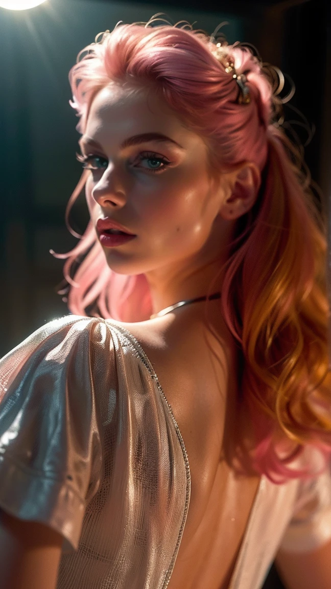 (((ultra realistic))) Photo, masterpiece, top quality, (Pale skin), (Ultra detailed face and eyes.:1.3), 1 girl, adult, En Lifchik, ((eye makeup, pink mascara)), ((big detailed lips)), ((pink wavy fur)), ((Chiolka)) , (natural breasts), Thin waist. ((Posing)), Photoshoot, studio (Contour lighting), (The game of lights and shadows), depth of field, bokeh, (Special attention to leather details.: 1.2), detailed leather texture, skin pores. (Bright atmosphere of the frame.. Color range: delicate, bright, yellow tones), DR, ((film grain)), ((good heavens)), (Glare), ((Photo from the back)) , ultra detialed, 