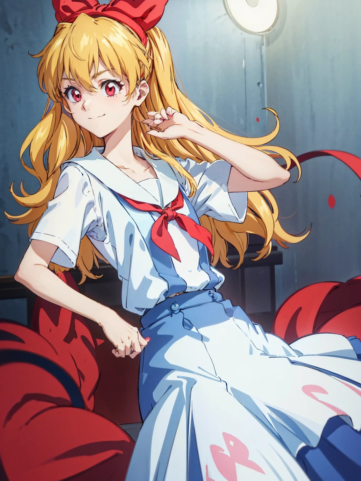 (red ribbon on hairband:1.2),(8K, best quality, muste piece:1.2)、ultra high resolution,1 very cute girl,hosimiya ichigo,ultra-detailed face, detailed eyes,RED eyes,,White sailor collar plain short sleeve shirt,light blue skirt,Light blue suspenders,uniform_red ribbon,Blonde Hair,long hair、detailed hand fingers,hand in own hair,smirk,,classroom