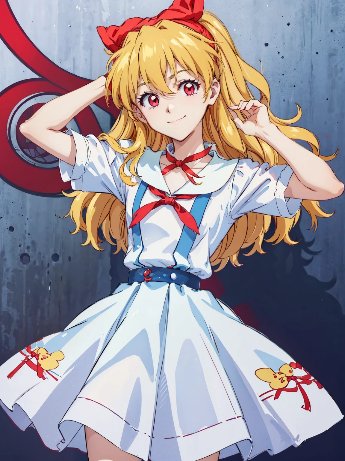 (red ribbon on hairband:1.2),(8K, best quality, muste piece:1.2)、ultra high resolution,1 very cute girl,hosimiya ichigo,ultra-detailed face, detailed eyes,RED eyes,,White sailor collar plain short sleeve shirt,light blue skirt,Light blue suspenders,uniform_red ribbon,Blonde Hair,long hair、detailed hand fingers,hand in own hair,smirk,,classroom