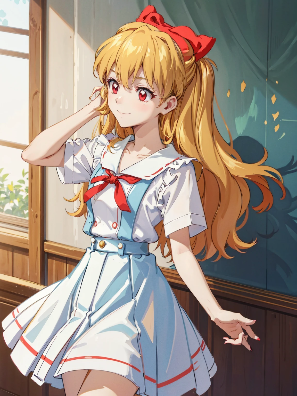 (red ribbon on hairband:1.2),（8K, best quality, muste piece:1.2)、ultra high resolution,1 very cute girl,hosimiya ichigo,ultra-detailed face, detailed eyes,RED eyes,,White sailor collar plain short sleeve shirt,light blue skirt,Light blue suspenders,uniform_red ribbon,Blonde Hair,long hair、detailed hand fingers,hand in own hair,smirk,,classroom